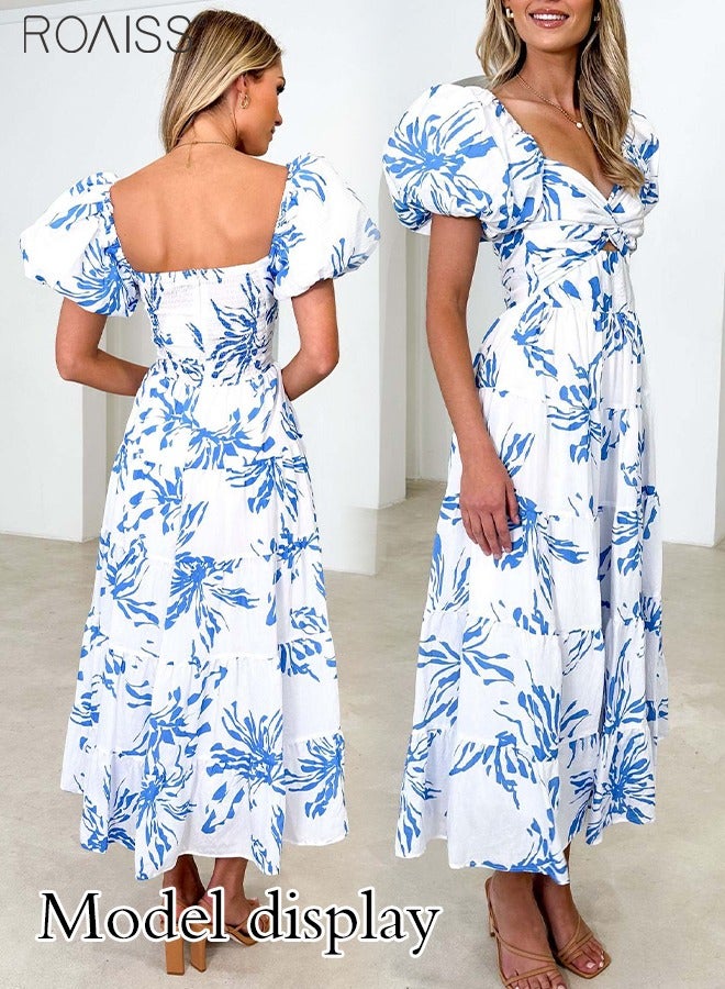roaiss Fashionable Printed Puff Sleeve Dress Women'S Daily Commuting Vacation V-Neck Large Skirt Dress - Image 2