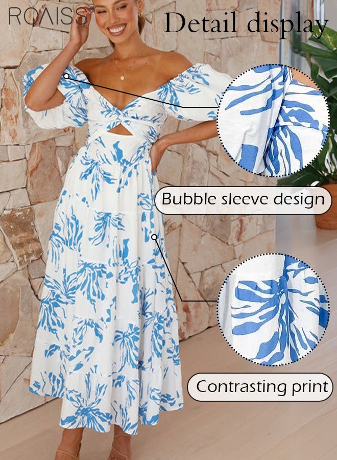 roaiss Fashionable Printed Puff Sleeve Dress Women'S Daily Commuting Vacation V-Neck Large Skirt Dress - Image 4