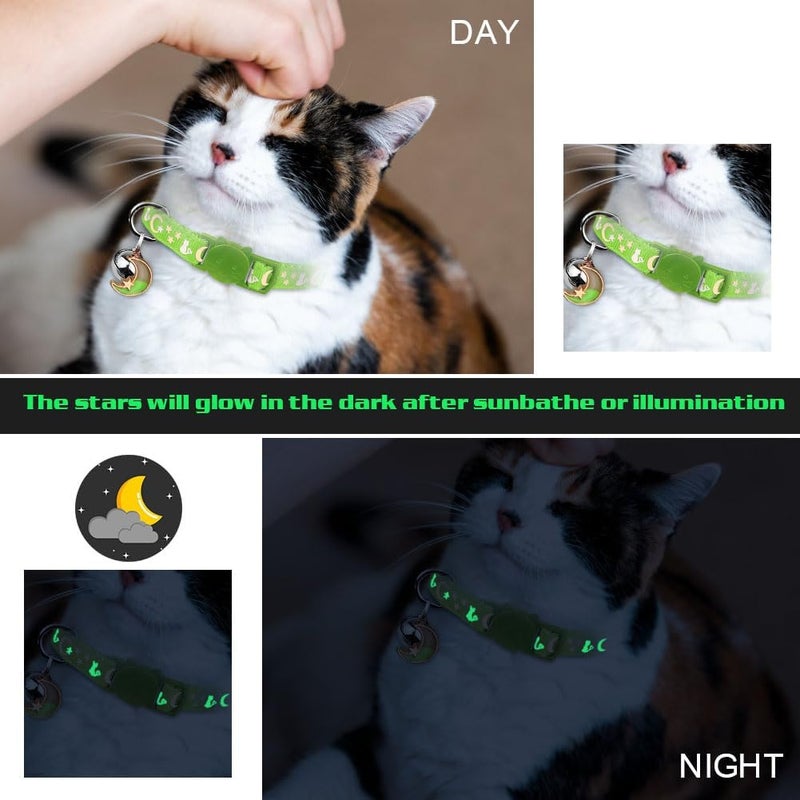 Baeuppit 2PCS Breakaway Cat Collars with Bell Cute Kitty Glow in The Dark Adjustable Kitten Collars 7.9-13.0 Inch(Green&Black) - Image 4