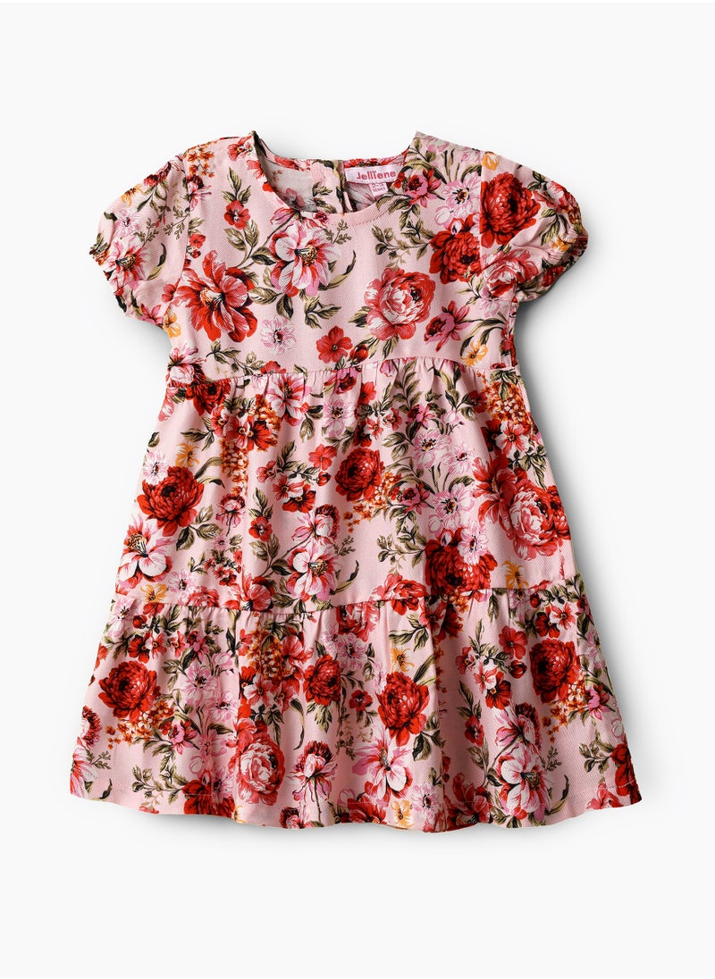 Jelliene Girls Pink Floral Tiered Short Sleeve Dress  - Image 1