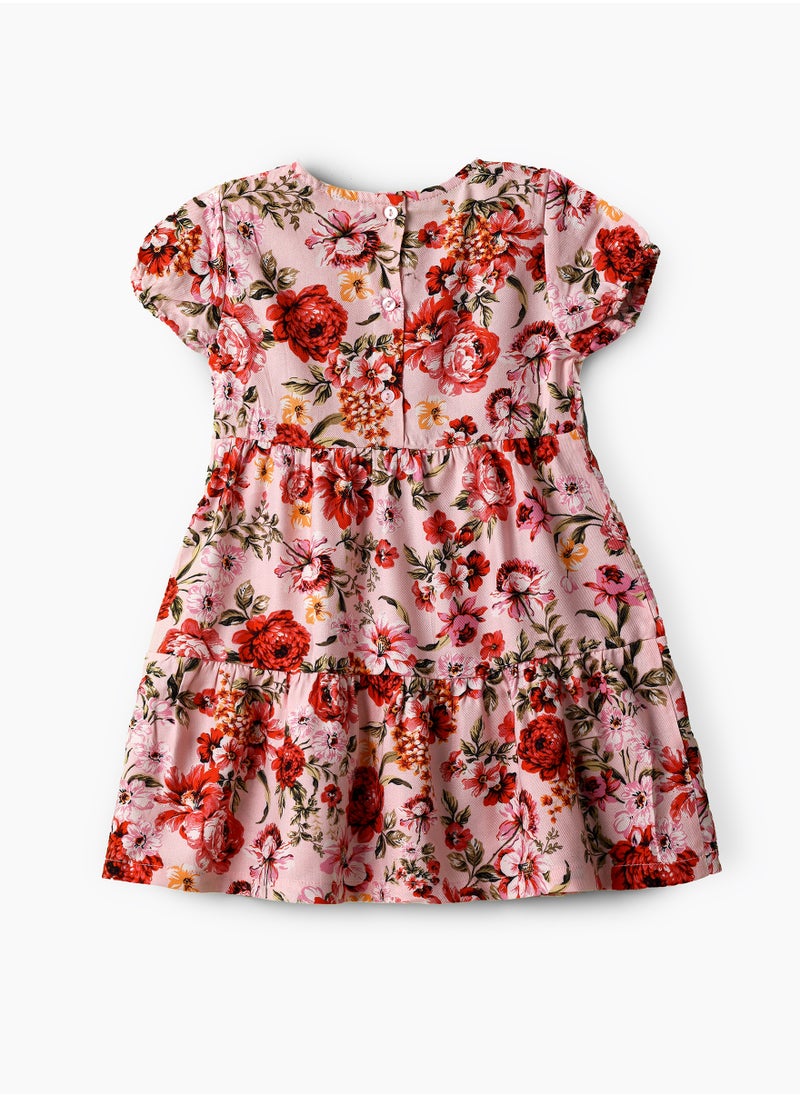 Jelliene Girls Pink Floral Tiered Short Sleeve Dress  - Image 2