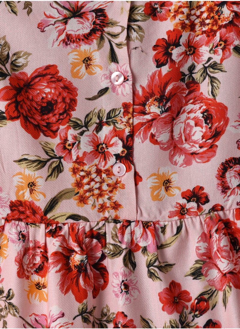 Jelliene Girls Pink Floral Tiered Short Sleeve Dress  - Image 3