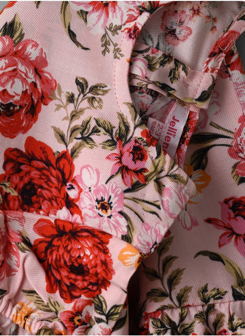Jelliene Girls Pink Floral Tiered Short Sleeve Dress  - Image 4