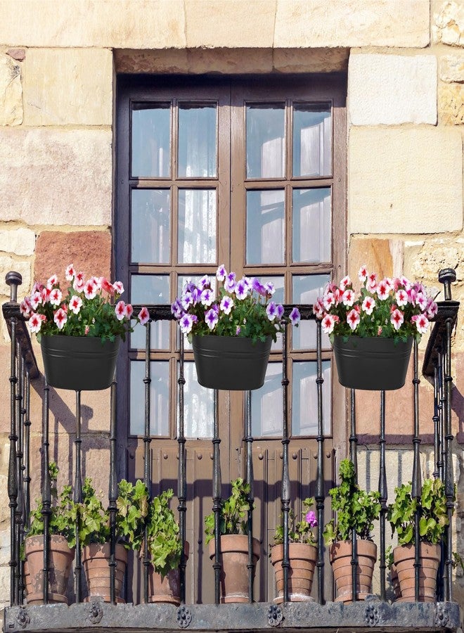 داهي مجموعة داهي من 3 أواني زهور معلقة للسياج والسور الخارجي، وعاء معدني جداري مقاس 10.6 بوصة للنباتات، حامل زهور ريفي للنافذة مع خطافات وفتحات تصريف لتزيين الحديقة والفناء والمنزل، أسود - Image 5