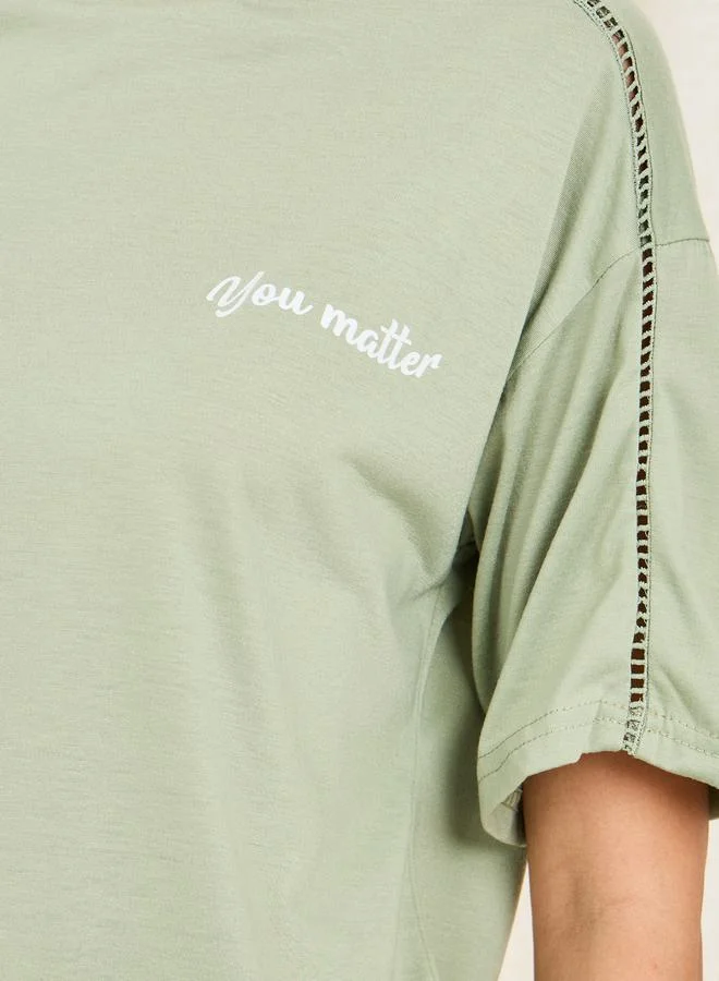 Styli Lace Ladder Insert Slogan Print Drop Shoulder T-Shirt and Floral Print Pyjama Set