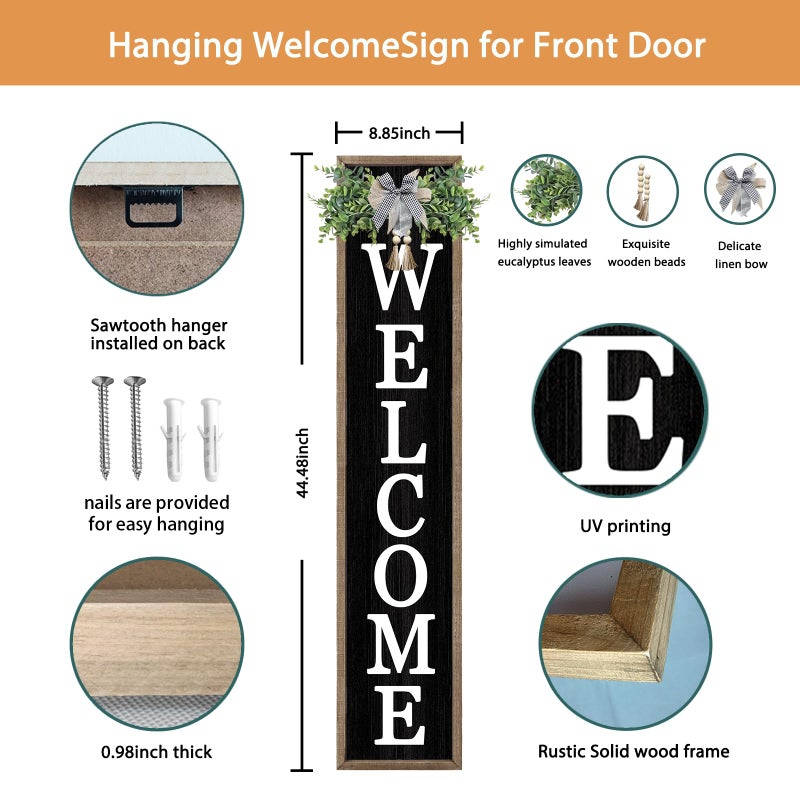 Surfapans Welcome Sign for Front porch Standing 45"X9"Large Wood Frame Outdoor Tall Welcome Signs Vertical Decor for Farmhouse Rustic Home Modern Outside Front Door Wall Decorations (Wood Black) - Image 2