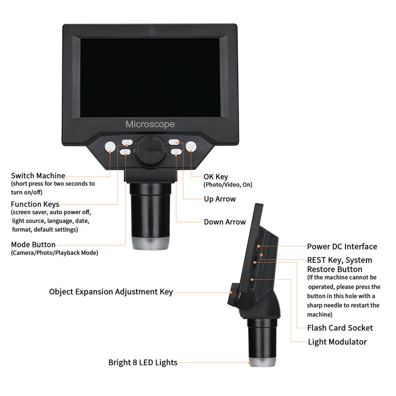 5.5-inch LCD Display Electron Microscope 10 Megapixel Industrial Microscopes Digital Electronic Maintenance Magnifying Glass 1000x Magnification 8LED Light Intensity Adjustable Photos Videos Playback - Image 5