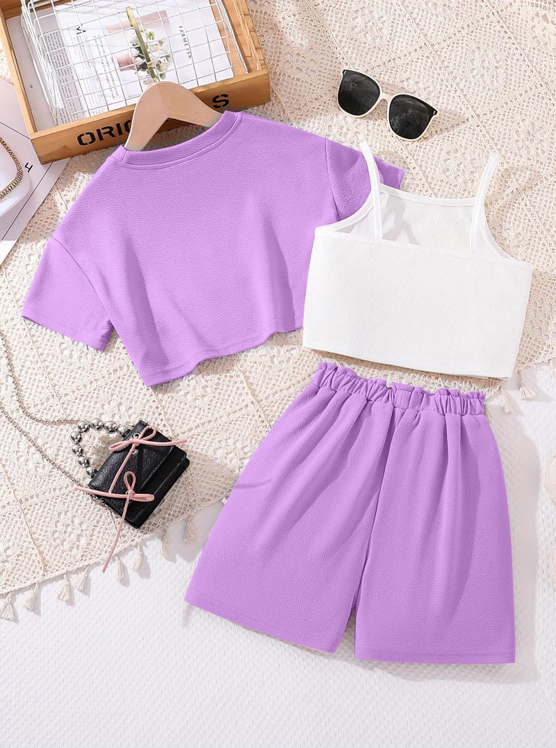 Hilinker Girls 3 Piece Summer Outfits Cute Graphic Crop Tee and Cami Top with Shorts Set Purple Heart 9-10 Year - Image 2