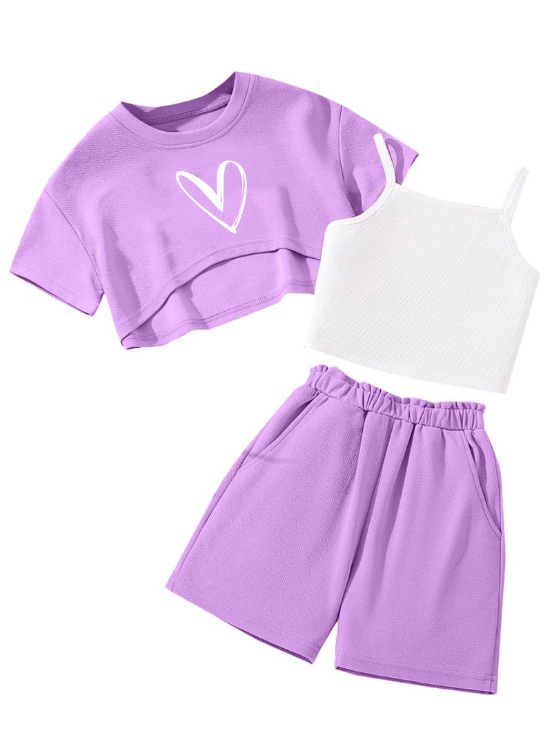 Hilinker Girls 3 Piece Summer Outfits Cute Graphic Crop Tee and Cami Top with Shorts Set Purple Heart 9-10 Year - Image 1