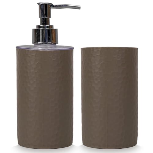 SHENRON Brown Liquid Soap Dispenser and Toothbrush Holder, Bathroom Accessories Set for Decor and Utility, Suitable for Bathroom, Kitchen, Wash Basin, and Sink (Plastic) - Image 1