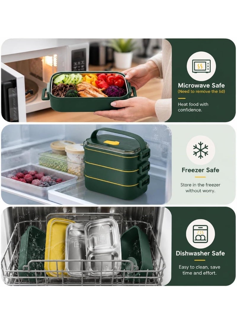 Toshionics Lunch Box 2 layer Stainless Steel Bento Box 1350ml - 304 Food Grade Steel 4 Compartment, Microwave Safe, Stackable Lunch Container with Insulated Bag & Cutlery for Adults, Office, School - Image 5