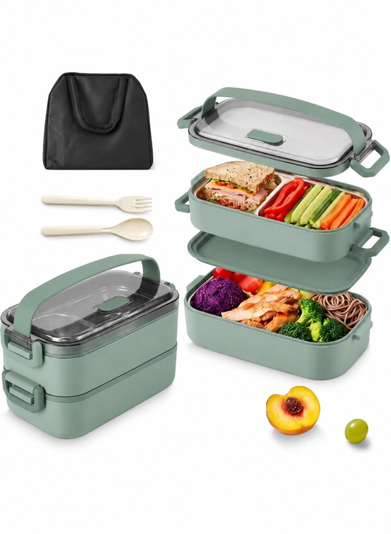 Toshionics Lunch Box 2 layer Stainless Steel Bento Box 1350ml - 304 Food Grade Steel 4 Compartment, Microwave Safe, Stackable Lunch Container with Insulated Bag & Cutlery for Adults, Office, School - Image 1