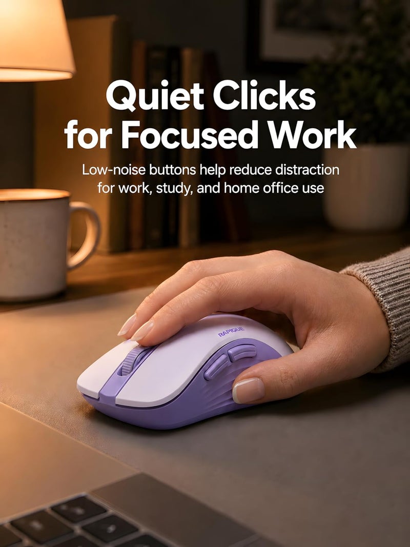 RAPIQUE Bluetooth Wireless Mouse, Dual Bluetooth & 2.4GHz USB Receiver, Right-Hand Design, Quiet Clicks, Low Power, Portable Multi-Device Compatibility for MacBook, Laptop, Computer, iPad, PC - Purple - Image 4