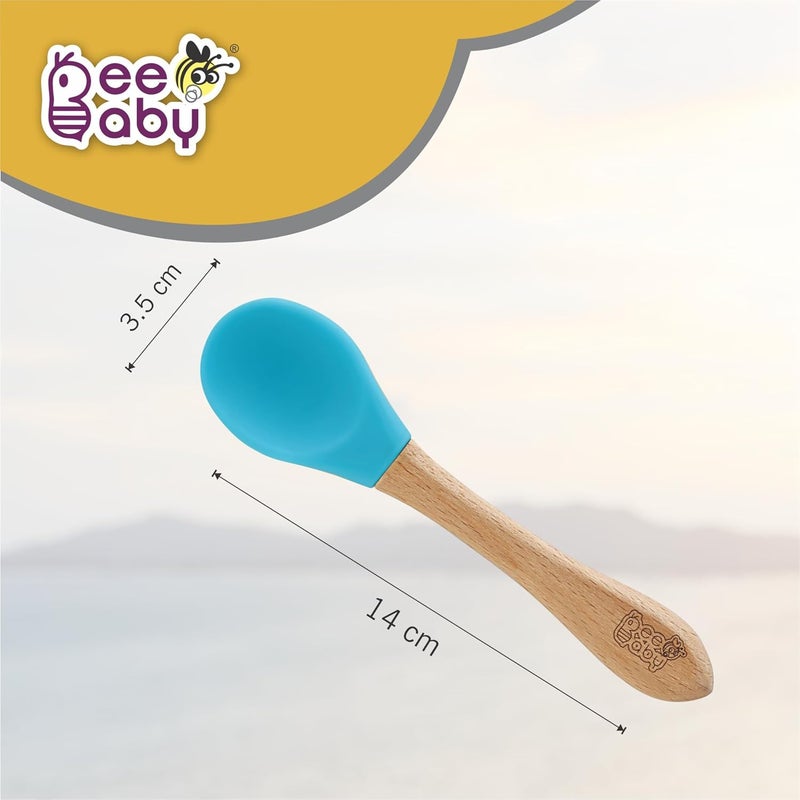 Beebaby Nurture Natural Beech Wood & Soft Silicone Baby Feeding Spoons | 100% BPA Free, Eco-Friendly Weaning Spoons for Infants, Kids & Toddlers | Gentle on Gums, Safe for 6+ Months (Blue) - Image 3