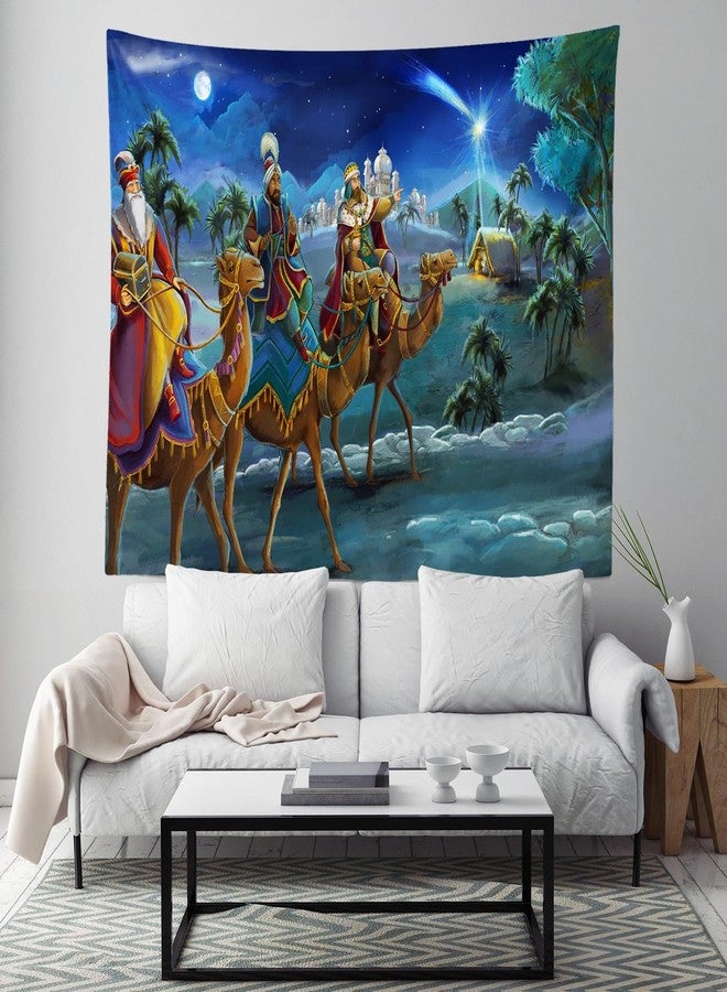 Loccor Nativity Scene Tapestry Christmas Desert Three Wise Men Bethlehem Town Village Birth of Jesus Tapestry Night Star of Bethlehem Wall Hanging for Xmas Church Banner Decor 80''x60'' - Image 5