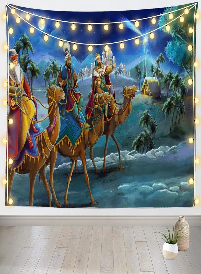 Loccor Nativity Scene Tapestry Christmas Desert Three Wise Men Bethlehem Town Village Birth of Jesus Tapestry Night Star of Bethlehem Wall Hanging for Xmas Church Banner Decor 80''x60'' - Image 3