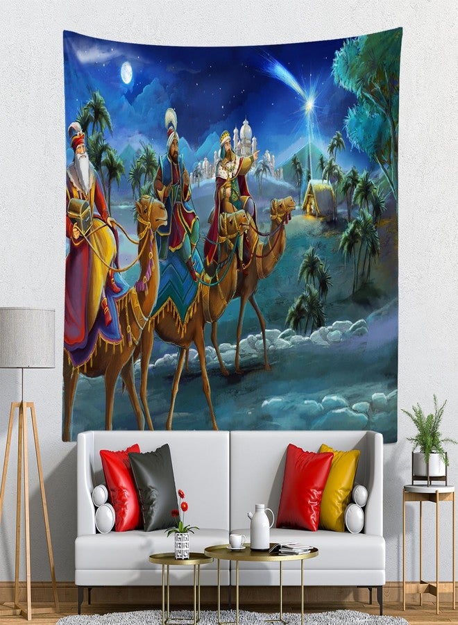 Loccor Nativity Scene Tapestry Christmas Desert Three Wise Men Bethlehem Town Village Birth of Jesus Tapestry Night Star of Bethlehem Wall Hanging for Xmas Church Banner Decor 80''x60'' - Image 4