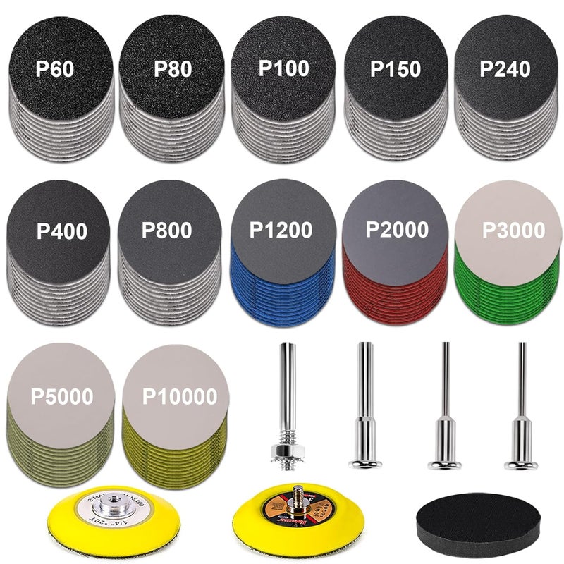 GOH DODD 188 Pieces 3 Inch Sanding Disc, 60-10000 Grits Wet Dry Sandpaper Headlight Restoration Kit with Interface Pad, 1/4“ 1/8" Shank and Backer for Auto Metal Glass Resin Wood - Image 1