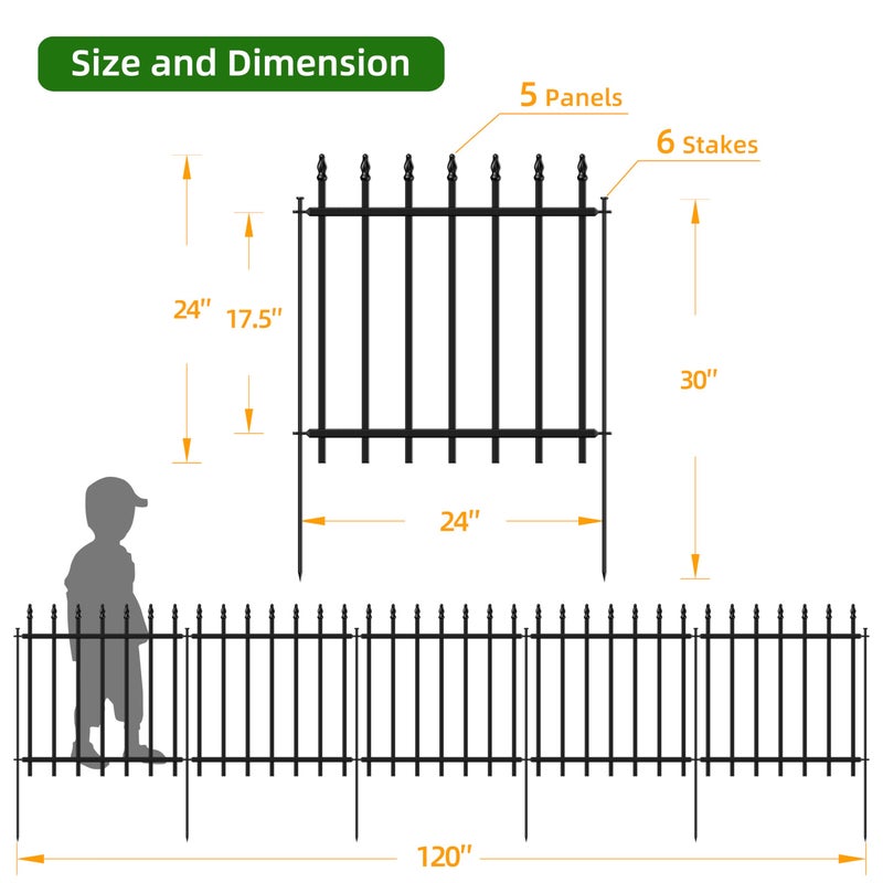 FOREHOGAR Decorative Metal Garden Fence 24 in H x 10 ft L, Border Fence Panels Animal Barrier for Dogs, No Dig Garden Fencing for Yard Patio Flower Bed Lawn Outdoor 5 Panels + 6 Stakes Black - Image 4