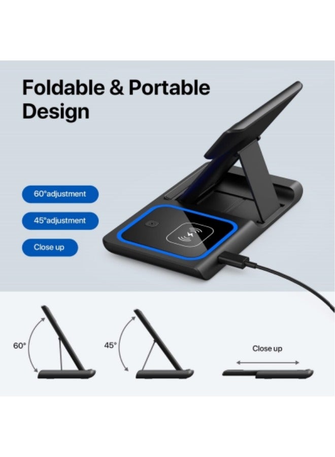 شاحن لاسلكي، محطة شحن لاسلكي 3 في 1، حامل شاحن لاسلكي سريع لشاحن آيفون 15 14 13 12 11 برو ماكس XR XS 8 بلس، لساعة أبل 8 7 7 6 5 4 4 3 2 SE، لسماعات إيربودز برو 3 2 (أسود) - Image 3