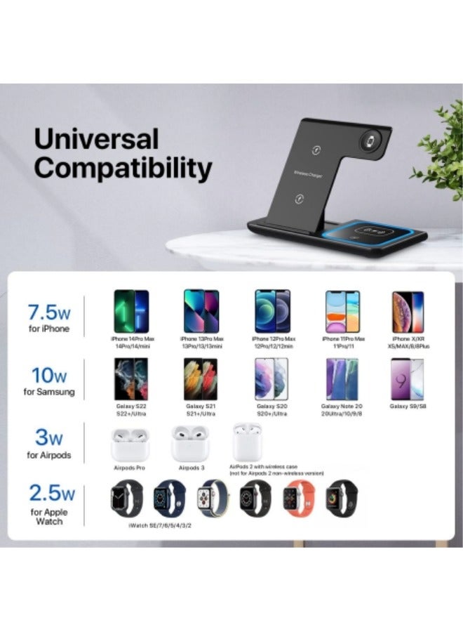 شاحن لاسلكي، محطة شحن لاسلكي 3 في 1، حامل شاحن لاسلكي سريع لشاحن آيفون 15 14 13 12 11 برو ماكس XR XS 8 بلس، لساعة أبل 8 7 7 6 5 4 4 3 2 SE، لسماعات إيربودز برو 3 2 (أسود) - Image 4