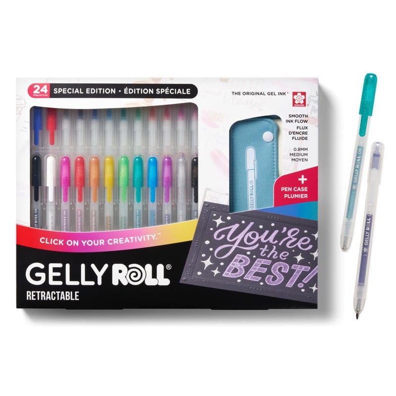 SAKURA Gelly Roll Retractable Gel Pens Colored - Assorted Gel Color Pens with Different Effects - 08 Medium Point Ink Pen for Journaling, Art, or Drawing - 1 Pen Case - Assorted Colored Ink - 24 Pens - Image 1
