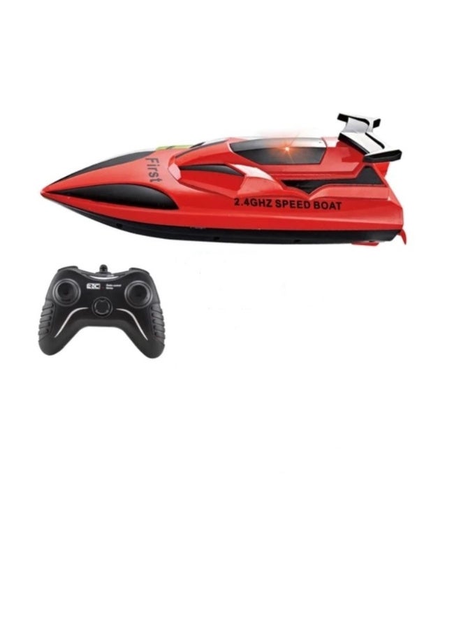 Remote-controlled speedboat, red and black, with LED lights, for children - Image 1