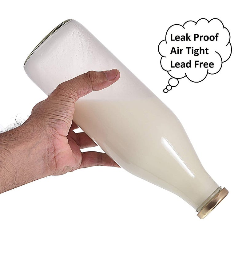 Avvic Mart Leak Proof 1 Ltr Plain Glass Bottle for Storing Milk Water Juice and Beverages with Metallic Cap Transparent Set Of4 - Image 2