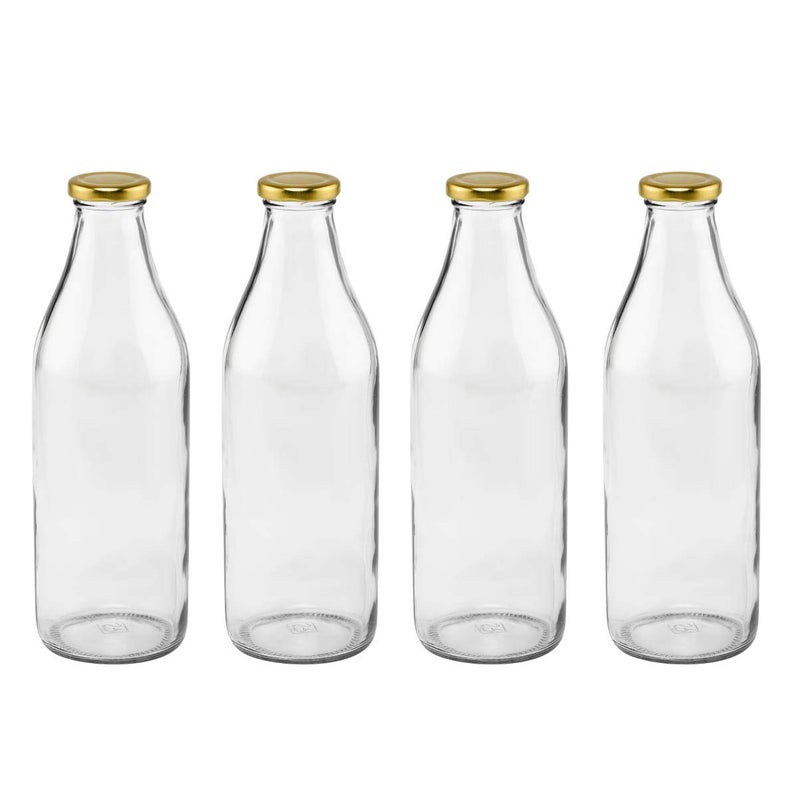 Avvic Mart Leak Proof 1 Ltr Plain Glass Bottle for Storing Milk Water Juice and Beverages with Metallic Cap Transparent Set Of4 - Image 1
