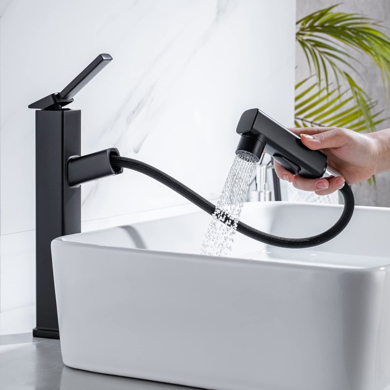 HANLIAN Single Handle Pull Out Bathroom Vessel Sink Faucet with Rotating Spout Modern Single Hole Tall Bathroom Faucet with Pull Down Sprayer One Hole High Bathroom Sink Faucet Black with 3 Modes