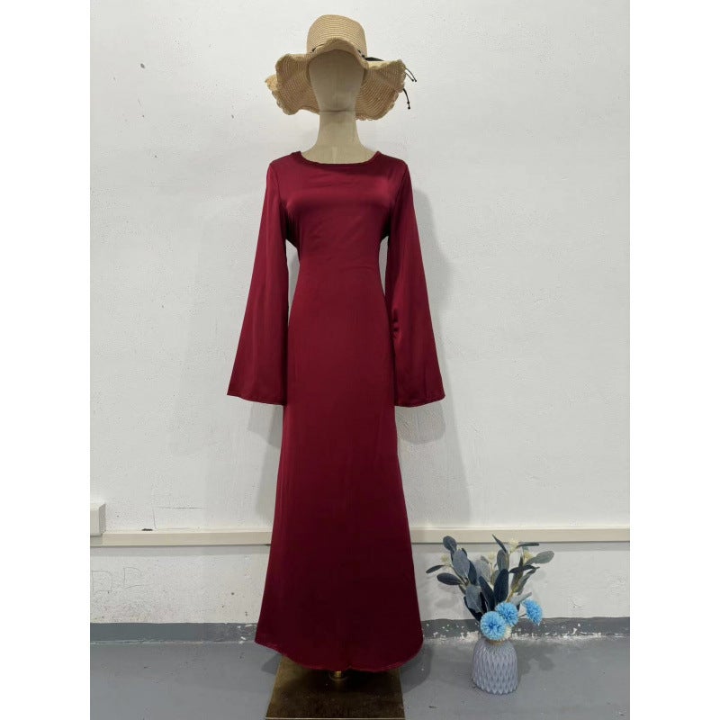 European and American 2024 Spring New Tight Waist Slimming Strap Solid Color Long Sleeve Long Dress Elegant dress Wine red 