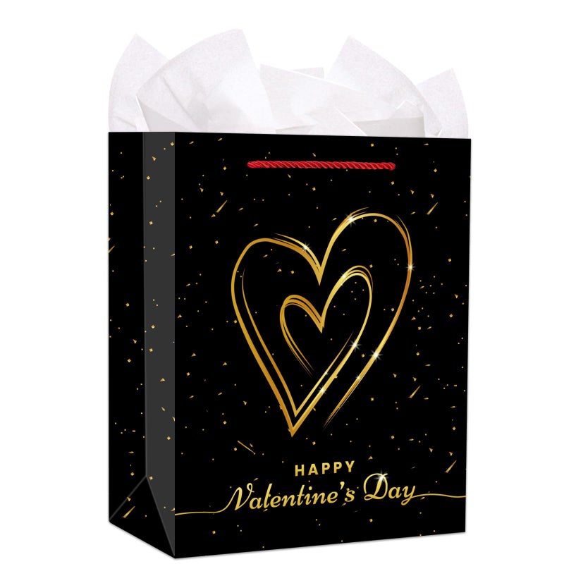 FLYAB Black Valentines Day Gift Bag - 13'' Large Gift Bag with Tissue Paper Happy Valentine's Day Paper Gift Bags with Handle Romantic Anniversary Wedding Gifts Bags for Her Him Girlfriend Boyfriend Wife Husband Women Men - Image 1