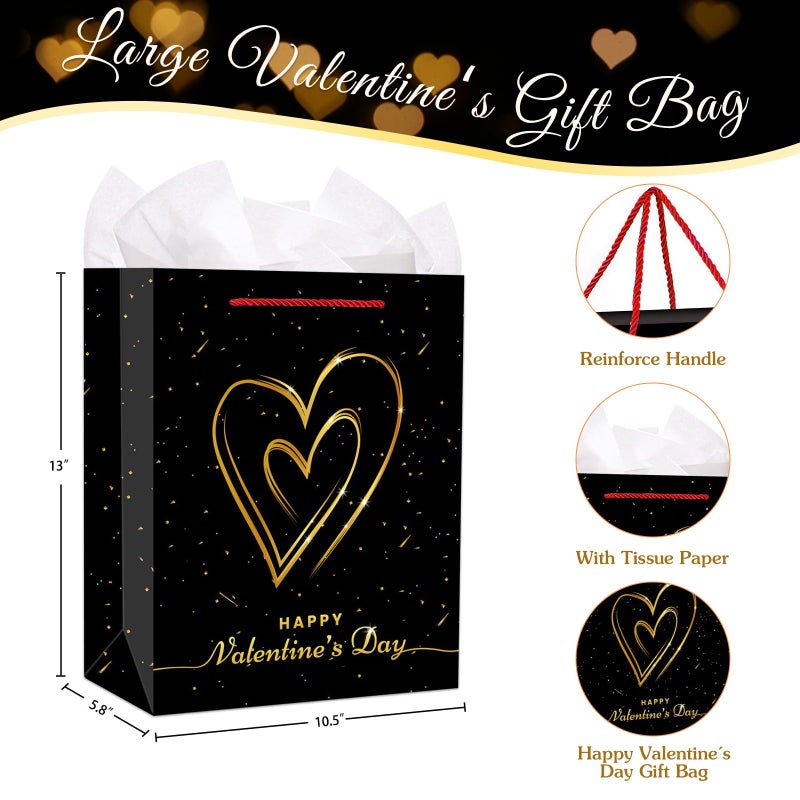 FLYAB Black Valentines Day Gift Bag - 13'' Large Gift Bag with Tissue Paper Happy Valentine's Day Paper Gift Bags with Handle Romantic Anniversary Wedding Gifts Bags for Her Him Girlfriend Boyfriend Wife Husband Women Men - Image 3