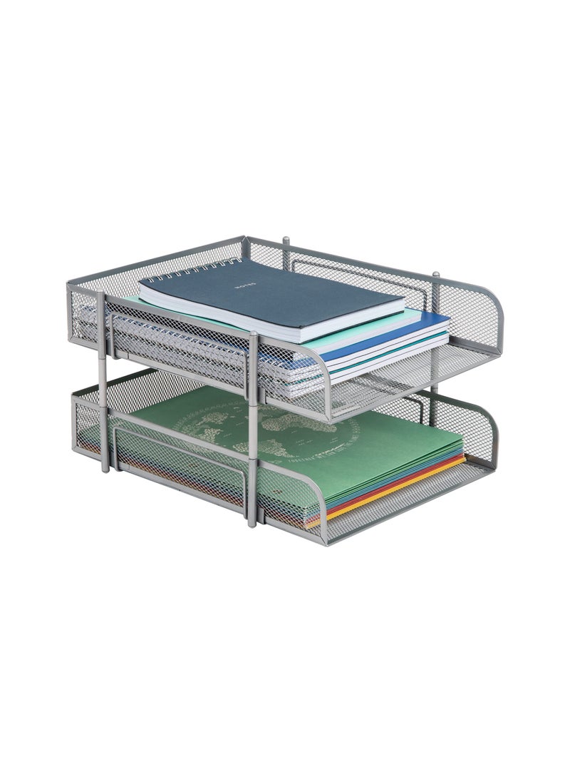Mind Reader Mind Reader Stackable Paper Tray Desktop Organizer File Storage Office Metal Mesh 105 L x 1325 W x 75 H 2 Pcs Silver 