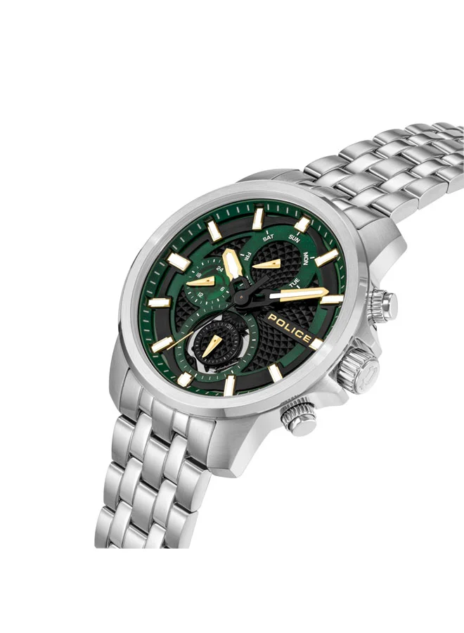 POLICE Newport Green Dial Silver Stainless Steel Bracelet Watch Men 43mm