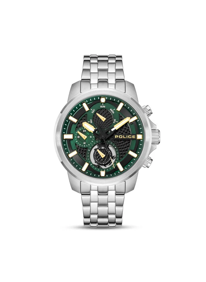 POLICE Newport Green Dial Silver Stainless Steel Bracelet Watch Men 43mm