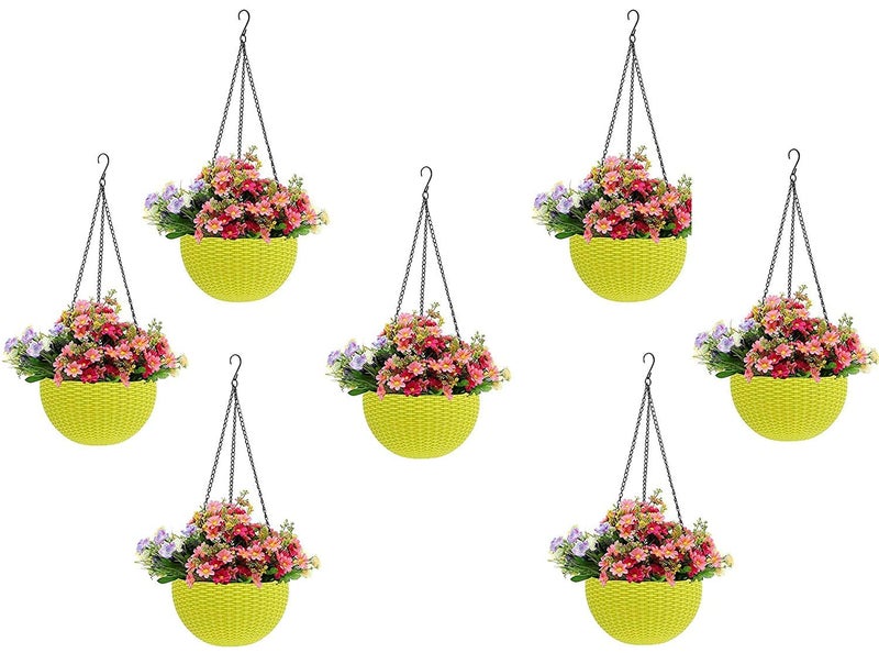 Bianco Round Rattan Woven Hanging Planters with Hanging Chain, Hanging Pots for Plants Balcony (Yellow, Set of 7, 7.1x4.8 Inch) - Image 1
