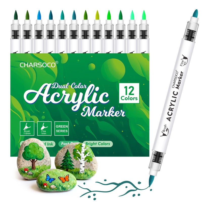 CHARSOCO Green Tones Acrylic Paint Pens, 12 Colors Markers Set with Soft Brush & Bullet Tip, for Rock, Painting, Wood, Glass, Ceramic, Canvas, Stone, Fabric - Image 1