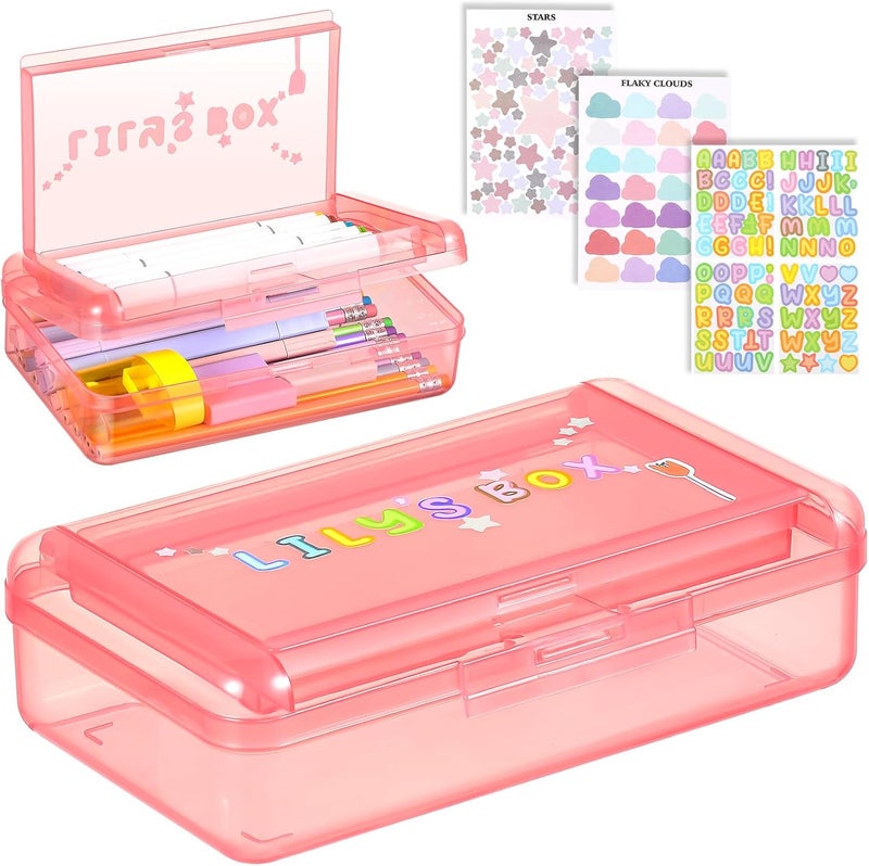Fainne Double Layer Pencil Box with 3 Stickers Large Capacity Plastic Pencil Case Clear Crayon Box Organizer with Letter Star Cloud Stickers for School Gel Pens Erasers Art Craft Supplies(Pink) - Image 1