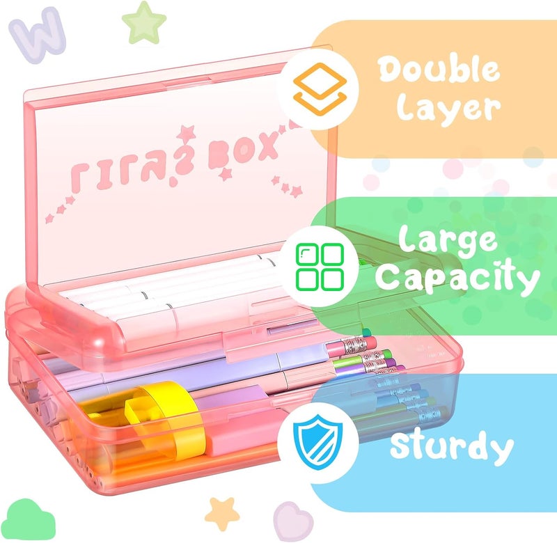 Fainne Double Layer Pencil Box with 3 Stickers Large Capacity Plastic Pencil Case Clear Crayon Box Organizer with Letter Star Cloud Stickers for School Gel Pens Erasers Art Craft Supplies(Pink) - Image 4