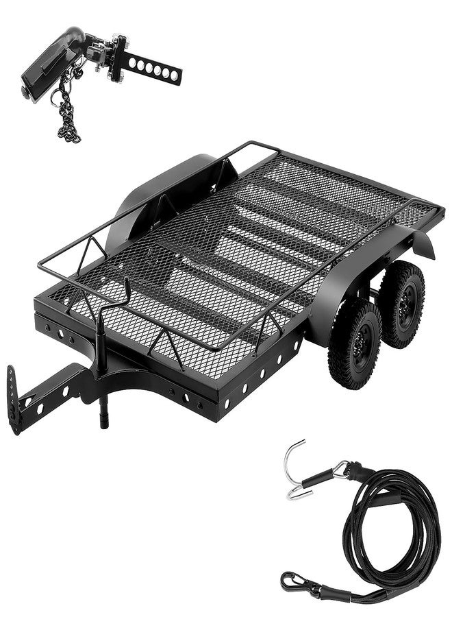 DashRC 1/10 RC Trailer for Hauling Behind Car, Metal Flatbed Trailer Builder Kit for RC Crawler TRX4 TRX6 SCX10 Gen7 Gen8 Upgrades, Hook Hitch and Receiver, Kinetic Winch Strap Included - Image 1