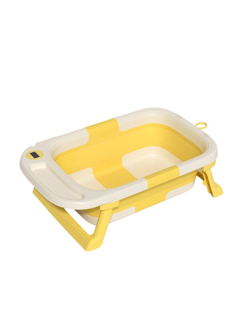 Moms Magic Portable Folding Bathtub with Color-Changing Thermometer – Double Folding Design – Soft TPE Hook & Storage – Yellow – Ideal for Small Spaces  - Image 1