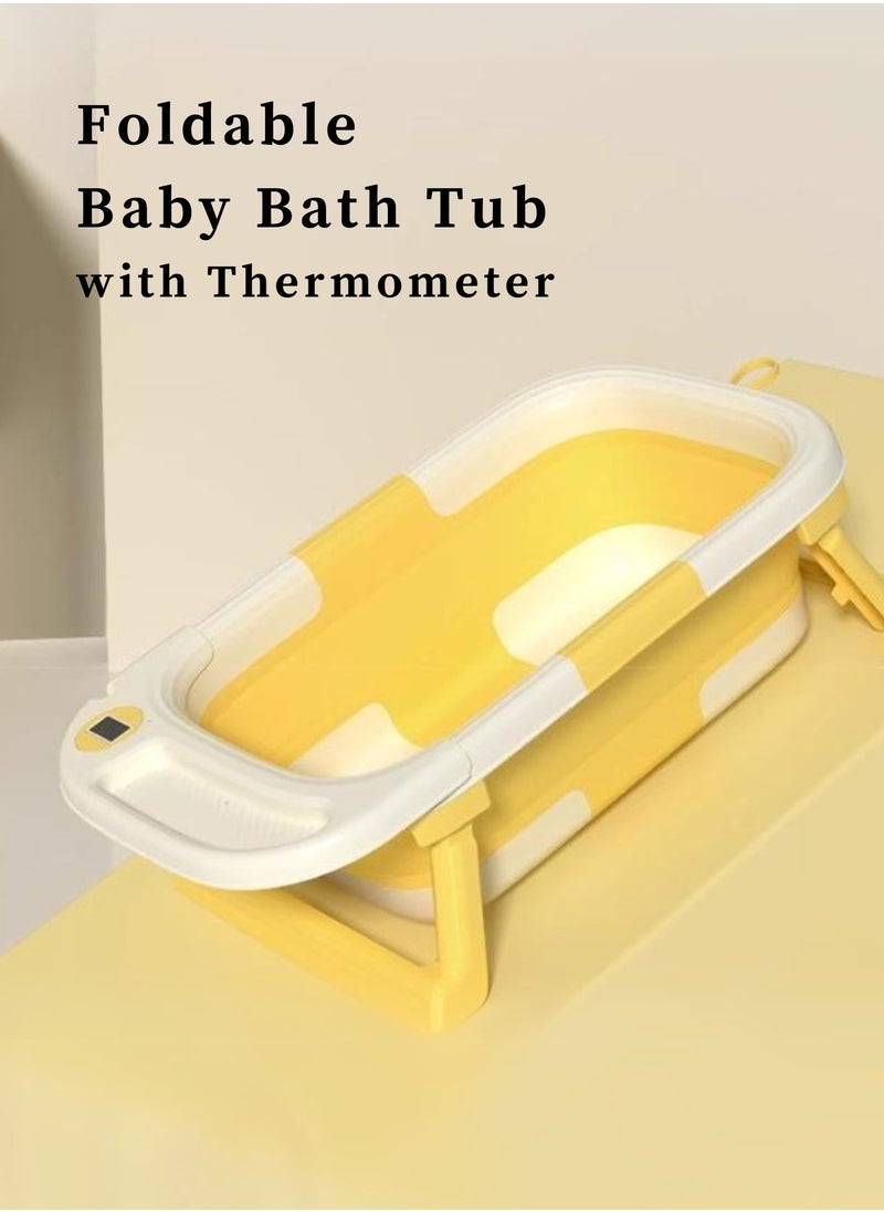 Moms Magic Portable Folding Bathtub with Color-Changing Thermometer – Double Folding Design – Soft TPE Hook & Storage – Yellow – Ideal for Small Spaces  - Image 3
