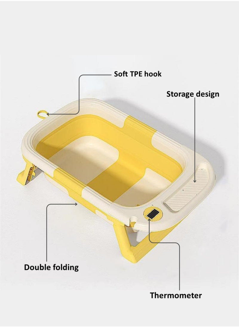 Moms Magic Portable Folding Bathtub with Color-Changing Thermometer – Double Folding Design – Soft TPE Hook & Storage – Yellow – Ideal for Small Spaces  - Image 5