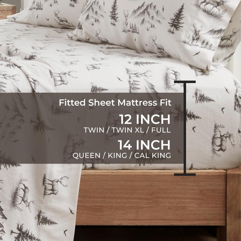 Woolrich John Rich & Bros. Woolrich Cotton Sheet Set Cottage Charms Print, 100% Cotton Flannel Sheets Warm & Fuzzy Bedding Set King Size Sheets, Fitted Pocket Fits Up to 14" Mattress, King Gray Deer Toile 4 Piece - Image 4