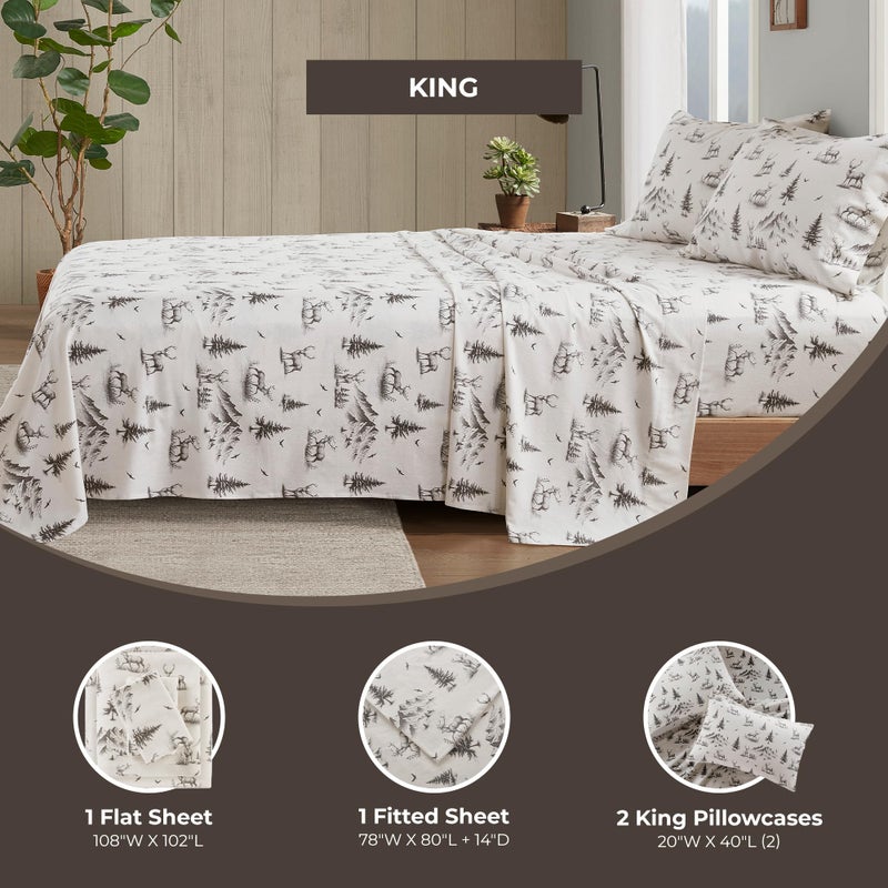 Woolrich John Rich & Bros. Woolrich Cotton Sheet Set Cottage Charms Print, 100% Cotton Flannel Sheets Warm & Fuzzy Bedding Set King Size Sheets, Fitted Pocket Fits Up to 14" Mattress, King Gray Deer Toile 4 Piece - Image 5