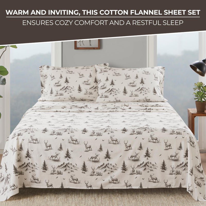 Woolrich John Rich & Bros. Woolrich Cotton Sheet Set Cottage Charms Print, 100% Cotton Flannel Sheets Warm & Fuzzy Bedding Set King Size Sheets, Fitted Pocket Fits Up to 14" Mattress, King Gray Deer Toile 4 Piece - Image 2