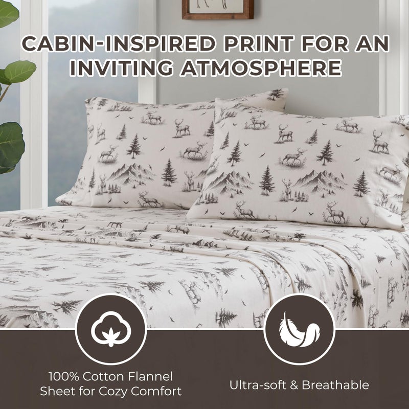 Woolrich John Rich & Bros. Woolrich Cotton Sheet Set Cottage Charms Print, 100% Cotton Flannel Sheets Warm & Fuzzy Bedding Set King Size Sheets, Fitted Pocket Fits Up to 14" Mattress, King Gray Deer Toile 4 Piece - Image 3