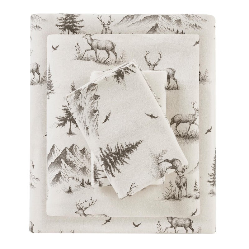 Woolrich John Rich & Bros. Woolrich Cotton Sheet Set Cottage Charms Print, 100% Cotton Flannel Sheets Warm & Fuzzy Bedding Set King Size Sheets, Fitted Pocket Fits Up to 14" Mattress, King Gray Deer Toile 4 Piece - Image 1