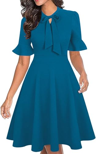 RANPHEE Dresses for Women 2026 Spring Summer Trendy Professional Business Casual Teal Blue Short Sleeve Elegant Flowy Solid A Line Dress L - Image 1
